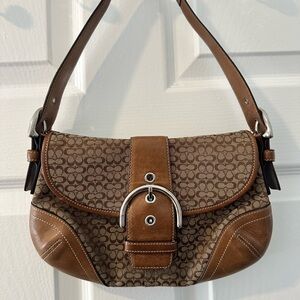 Coach Signature Jacquard Shoulder Bag Brown Leather Buckle Y2K